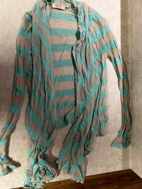 Renee C. Aqua and Taupe Striped Open-Front Swim Coverup